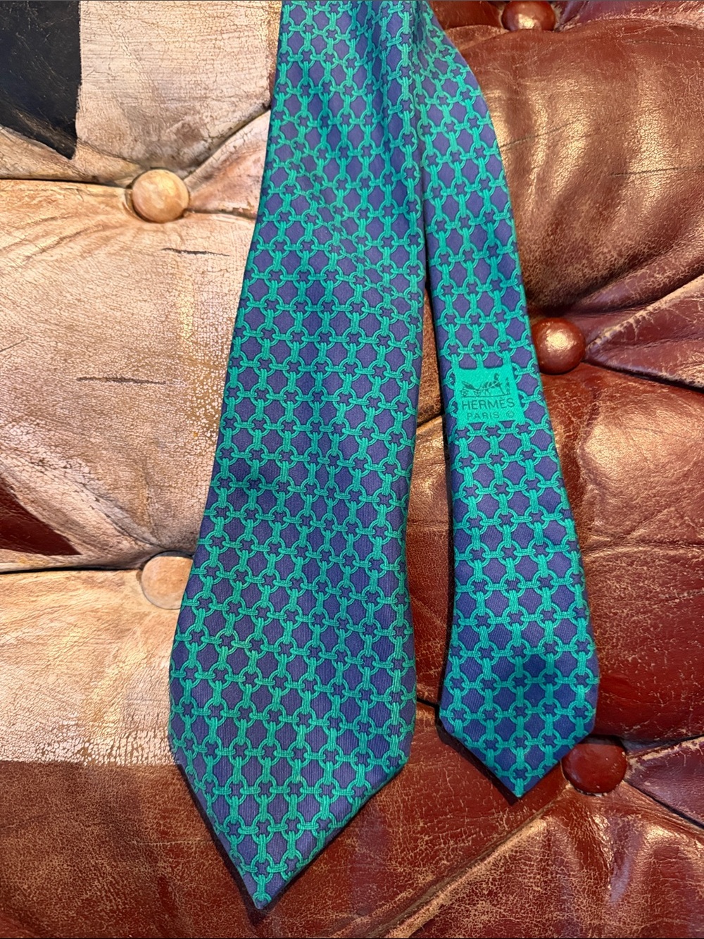 Hermes Men's Silk Tie in Teal and Navy Geometric Link #vintage